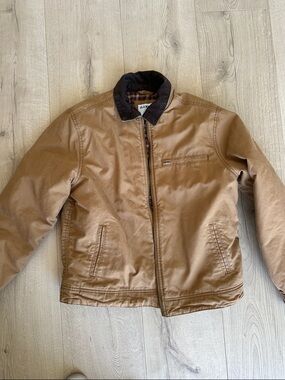 Old Navy Men's Tan Bomber Jacket with Dark Brown Collar